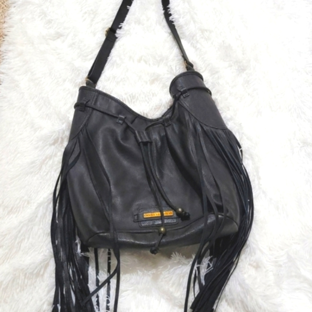 Andrea Jovine, black multi hobo bag, fringe, leather, shoulder or cross body